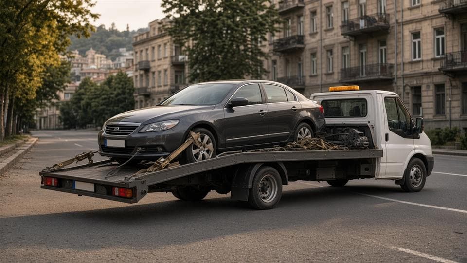 ევაკუატორი თბილისში — Ford Transit ღია პლატფორმით